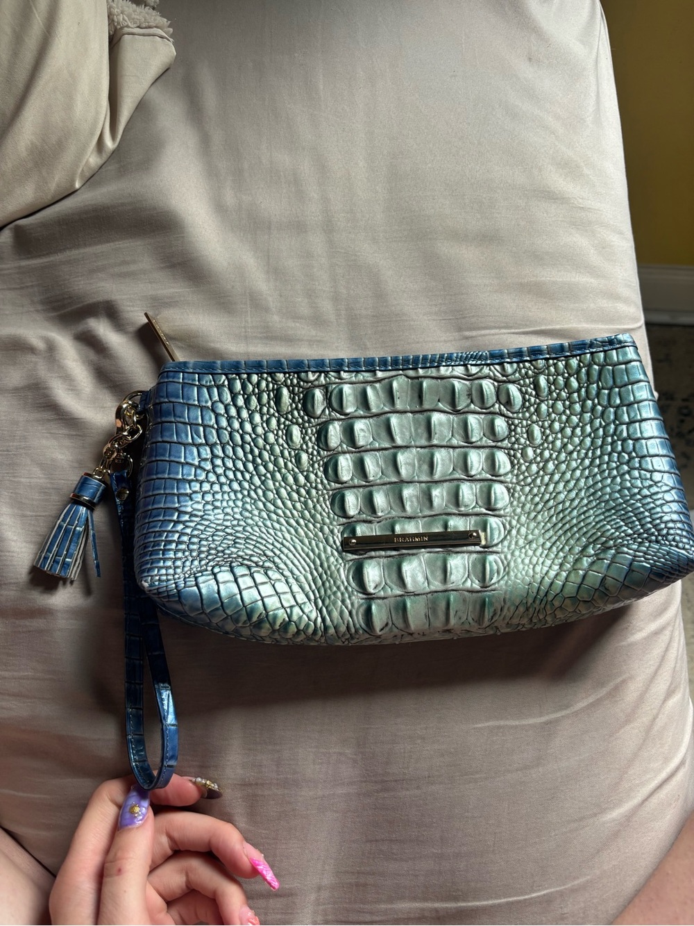 Brahmin Teal Green Iridescent Croc-Embossed Wristlet
